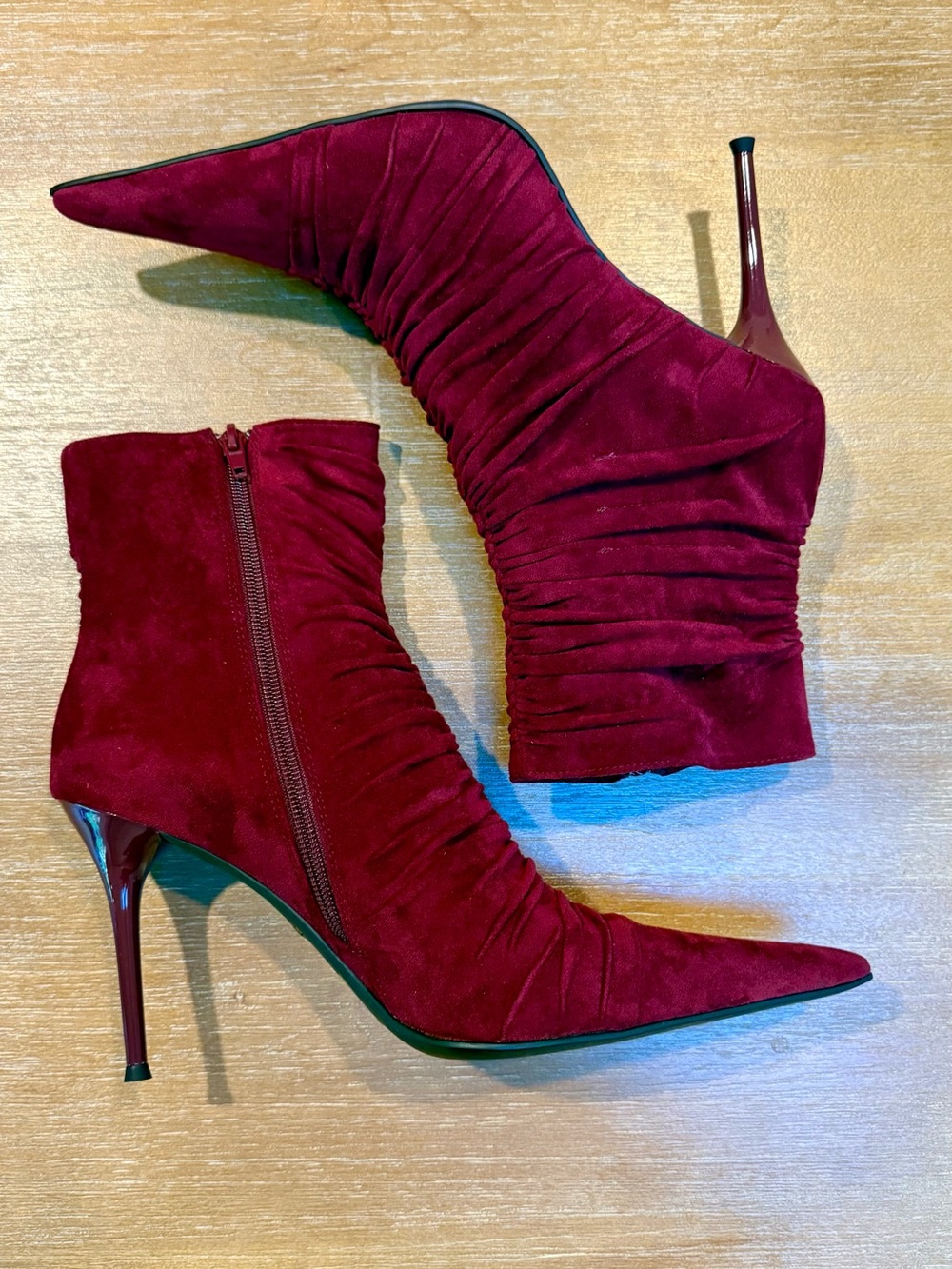 NWOB Jeffrey Campbell Let’s-Go Rouched Stiletto Ankle   Boot Wine Suede Sz 8.5 - Picture 5 of 11